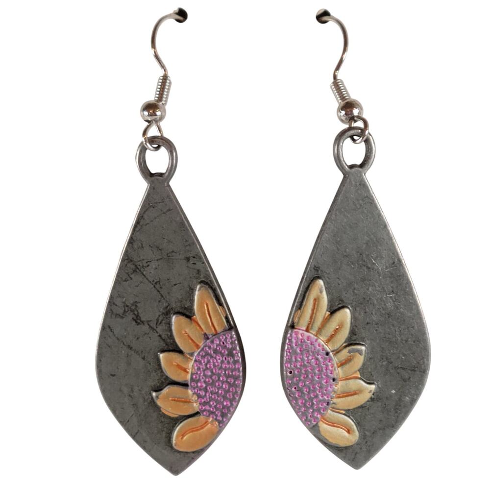 Sunflower Teardrop Dangle Earrings Gray Pink Yellow Boho Floral Jewelry